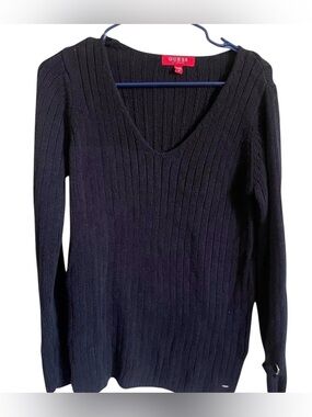 GUESS Black Ribbed V-Neck Long Sleeve Sweater